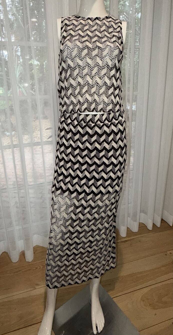 Walter Baker 2 Piece Crochet Knit Top Maxi Skirt Set XS Black Cream Chevron